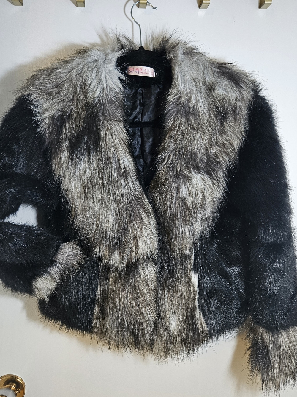 Y2K Faux Fur Jacket Black & Gray Boho Statement Coat Sz S